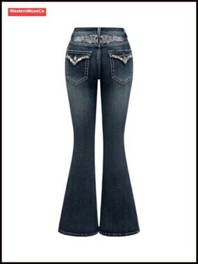 Goth Punk Rhinestone Embroidered Flare Jeans Low Rise Stretch Denim Pants